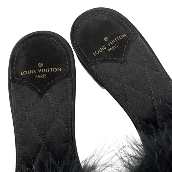 LOUIS VUITTON LV Logo Fur Flats Sandals #37 Rhinestone Black Gold Satin [105937] - Picture 7 of 9